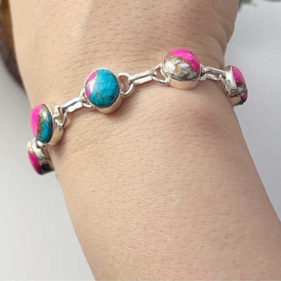 Genuine Cotton Candy Dahlia Turquoise Gemstone Bracelet Pink Blue Oval New 925 - Picture 3 of 6